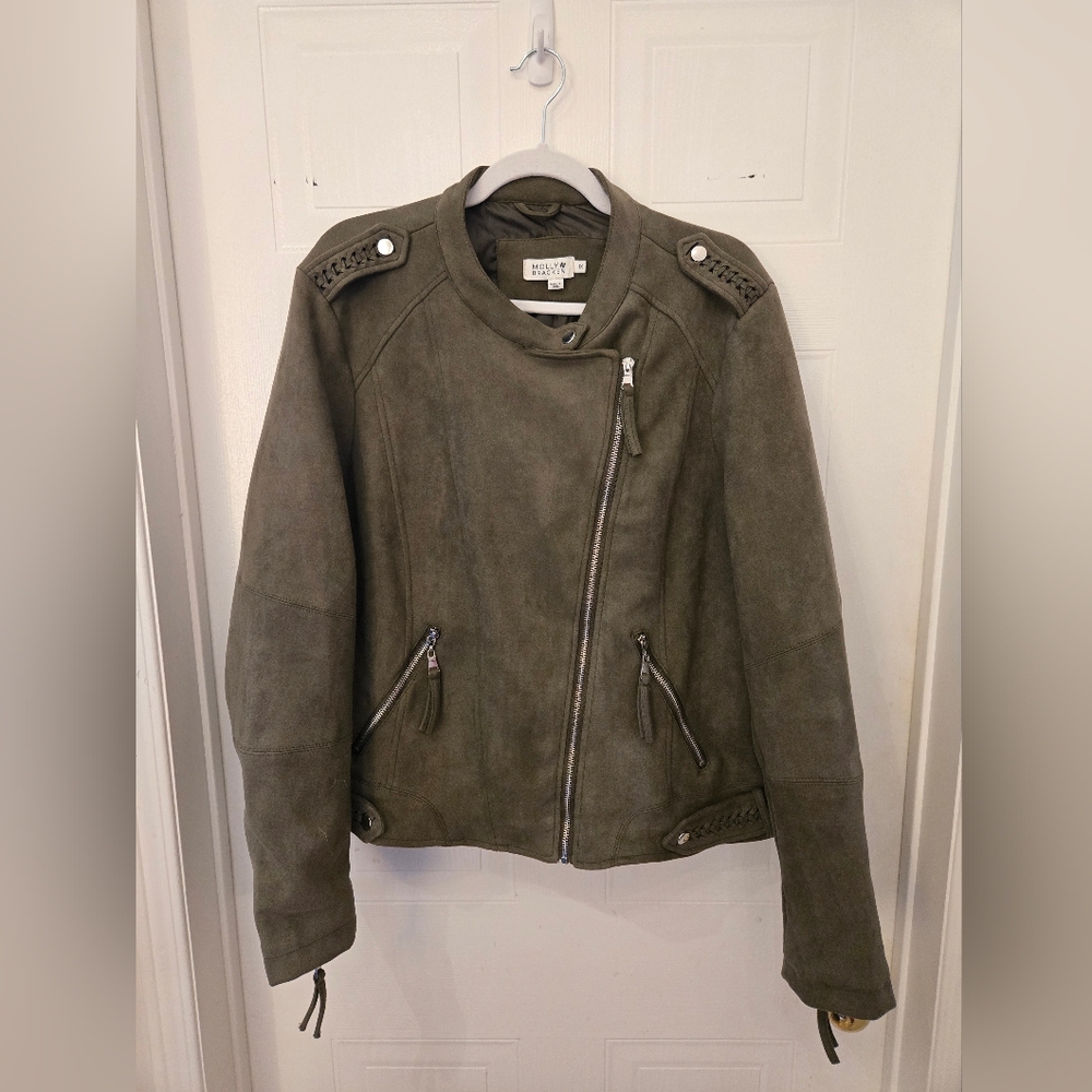 Molly Bracken 1X OLIVE Green FAUX SUEDE MOTO ASYMETRICAL ZIPPER JACKET
